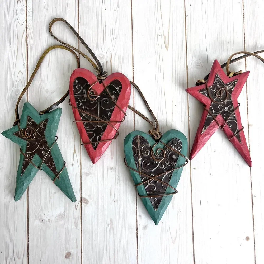 Rustic Western Wooden, Wire, Metal Leather Star & Hearts Ornaments & Tree Topper